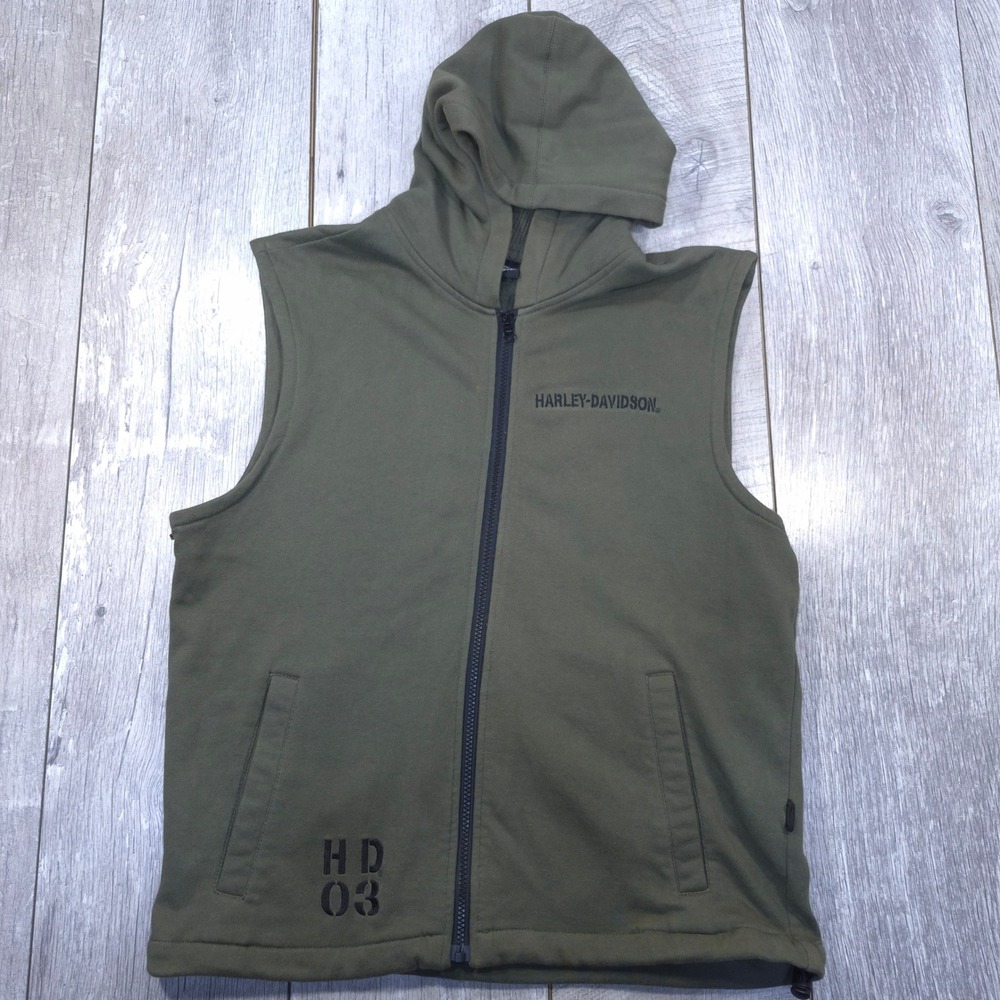 Harley Davidson Sleeveless Hoodie Vest Mens Medium Olive Green Thermal Hood